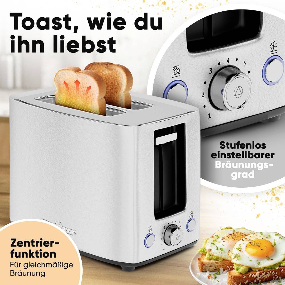Toaster mit zwei Brotscheiben, Bräunungsgrad stufenlos einstellbar. Idee: Perfekter Toast nach Wunsch zubereiten.
