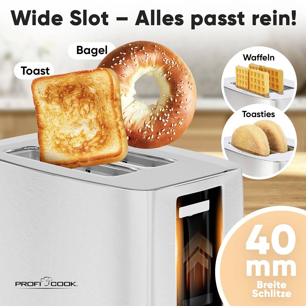 Toaster mit breitem Schlitz; Text 'Wide Slot – Alles passt rein!', zeigt Toast, Bagel, Toasties und Waffeln als passende Brotsorten.