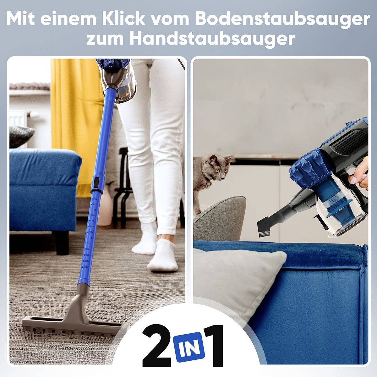 'Person mit Bodenstaubsauger' und 'Handstaubsauger'. Text: 'Mit einem Klick vom Bodenstaubsauger zum Handstaubsauger', '2 in 1'.