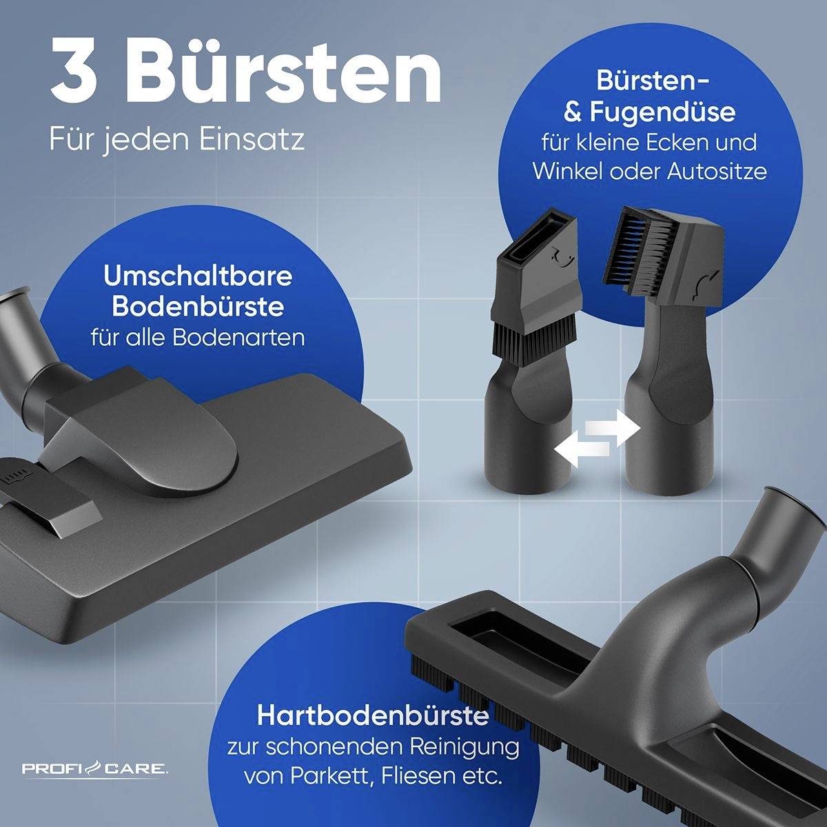 Drei Bürsten für jeden Einsatz: Umschaltbare Bodenbürste für alle Bodenarten, Hartbodenbürste für Parkett und Fliesen, Bürsten- und Fugendüse für Ecken und Winkel.