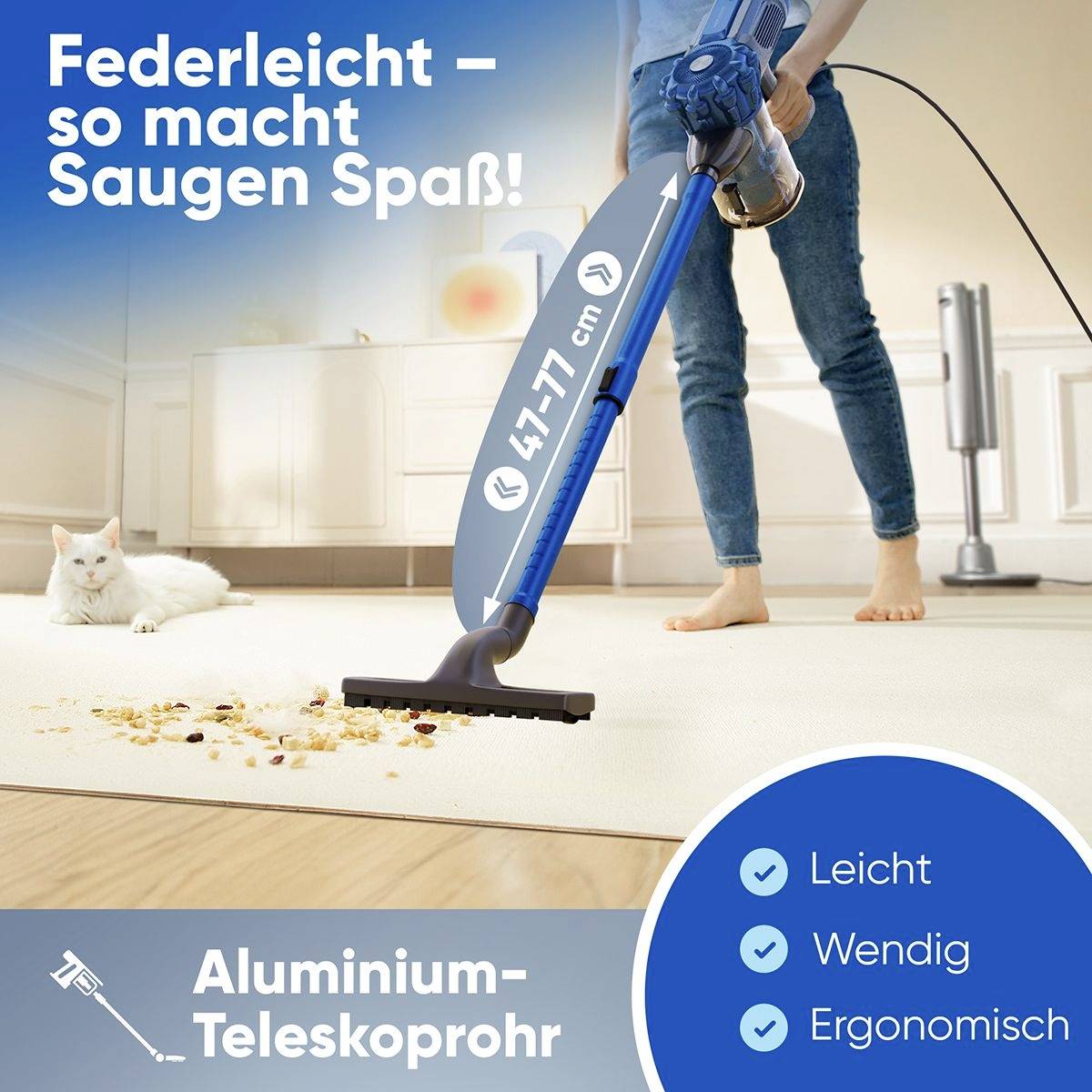Staubsauger auf hellem Teppich, saugt Krümel. Text: Federleicht – so macht Saugen Spaß! Aluminium-Teleskoprohr.
