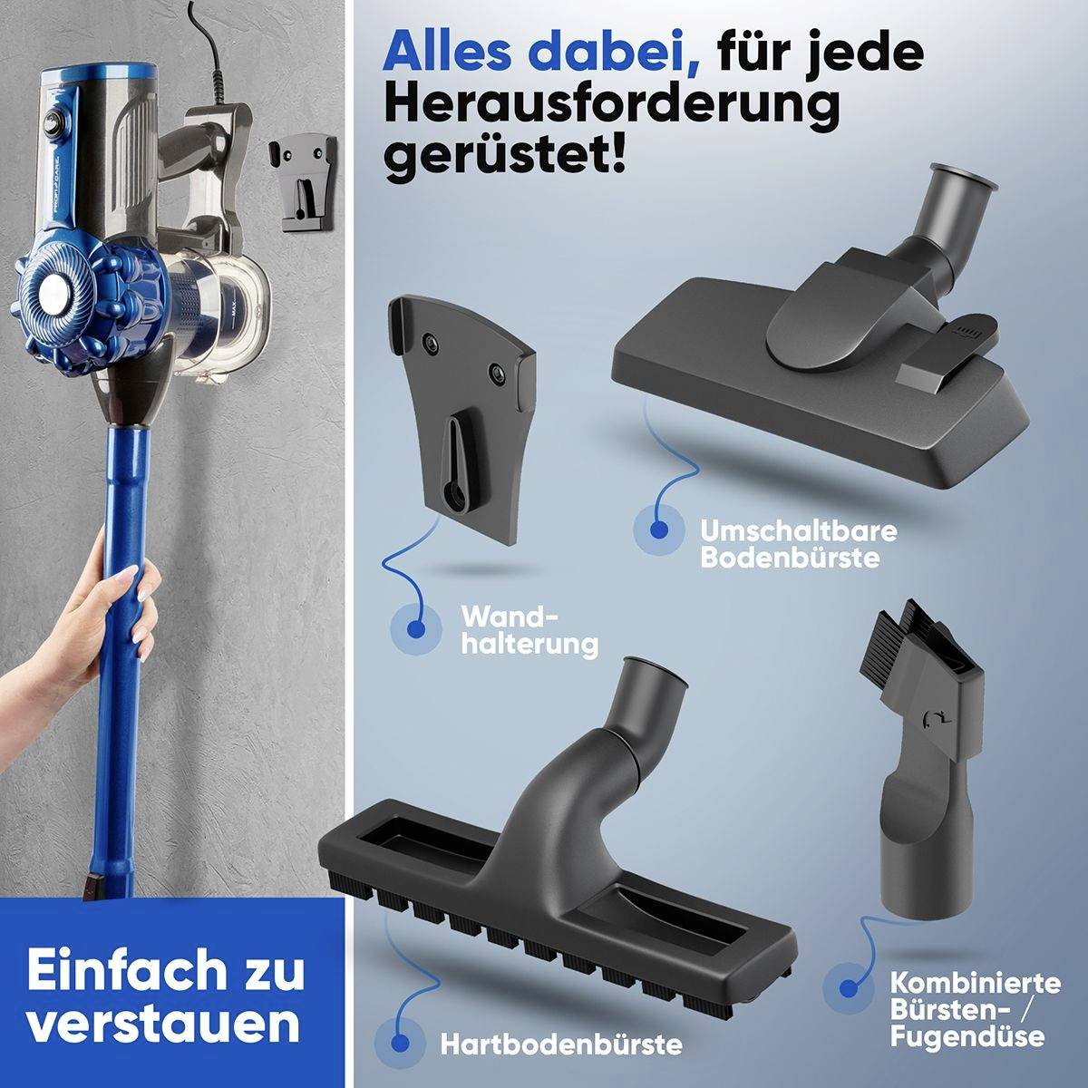 Akku-Staubsauger mit Zubehör: Kombibürste, umschaltbare Bodenbürste, Hartbodenbürste. Ideal für verschiedene Reinigungsaufgaben.