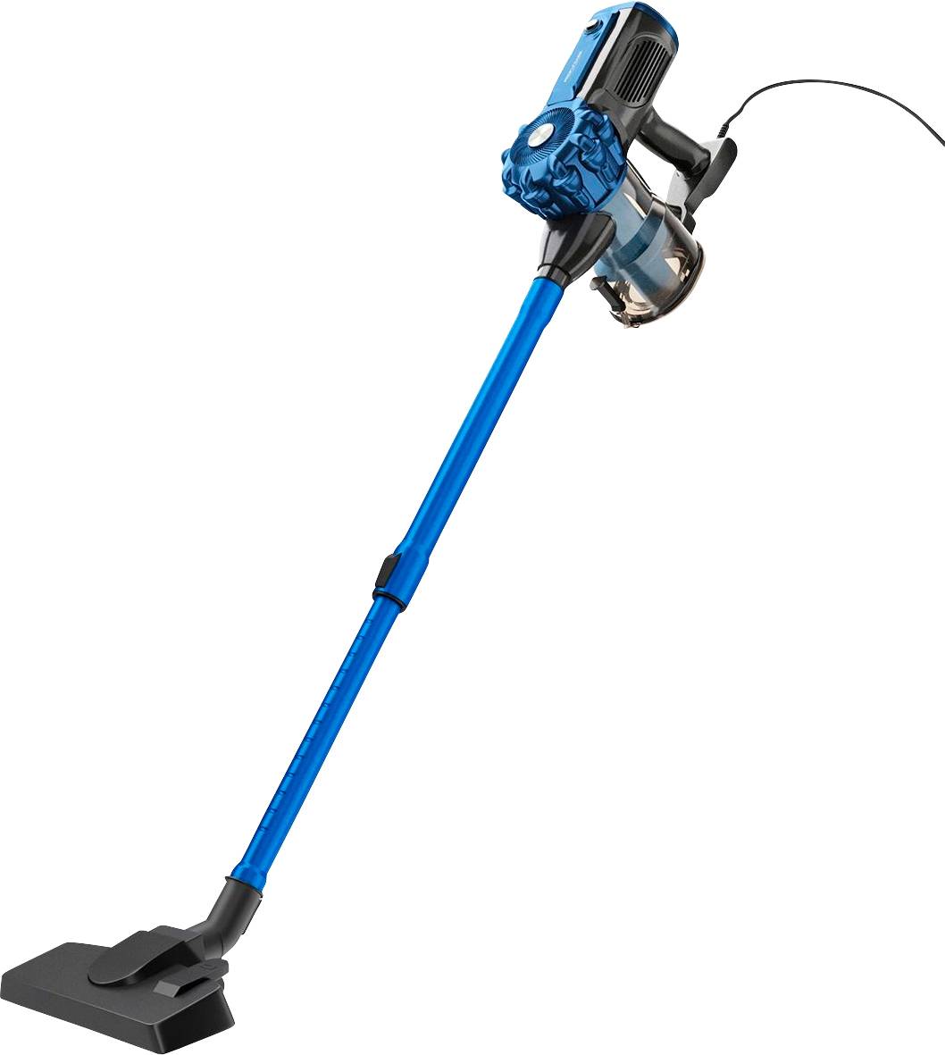 Ein blauer kabelloser Staubsauger mit schlankem Design und länglichem Griff, verwendet zur Reinigung von Böden und Teppichen.