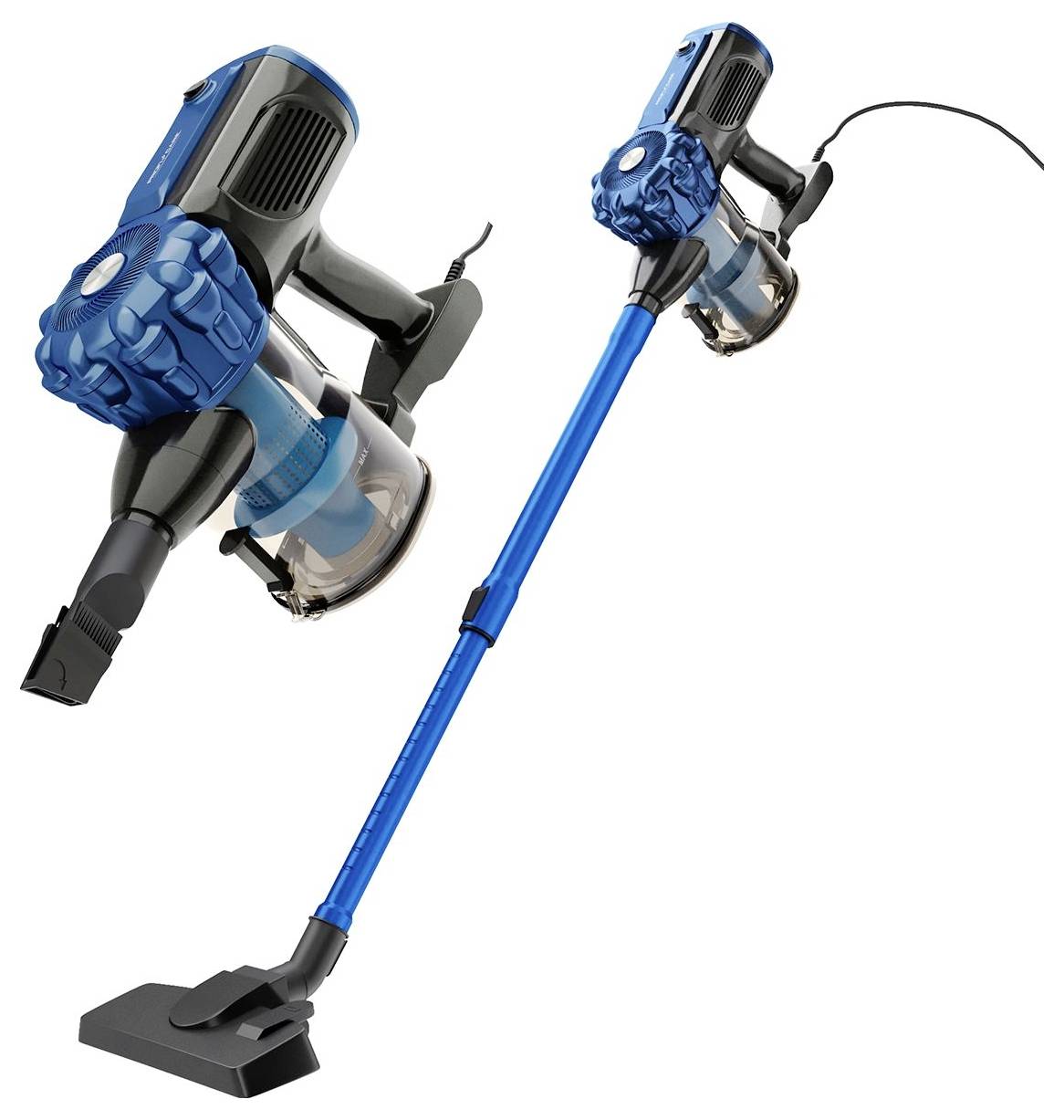 Ein blauer, tragbarer Staubsauger mit handgeführter Düse und langem Rohr für flexible Reinigung.