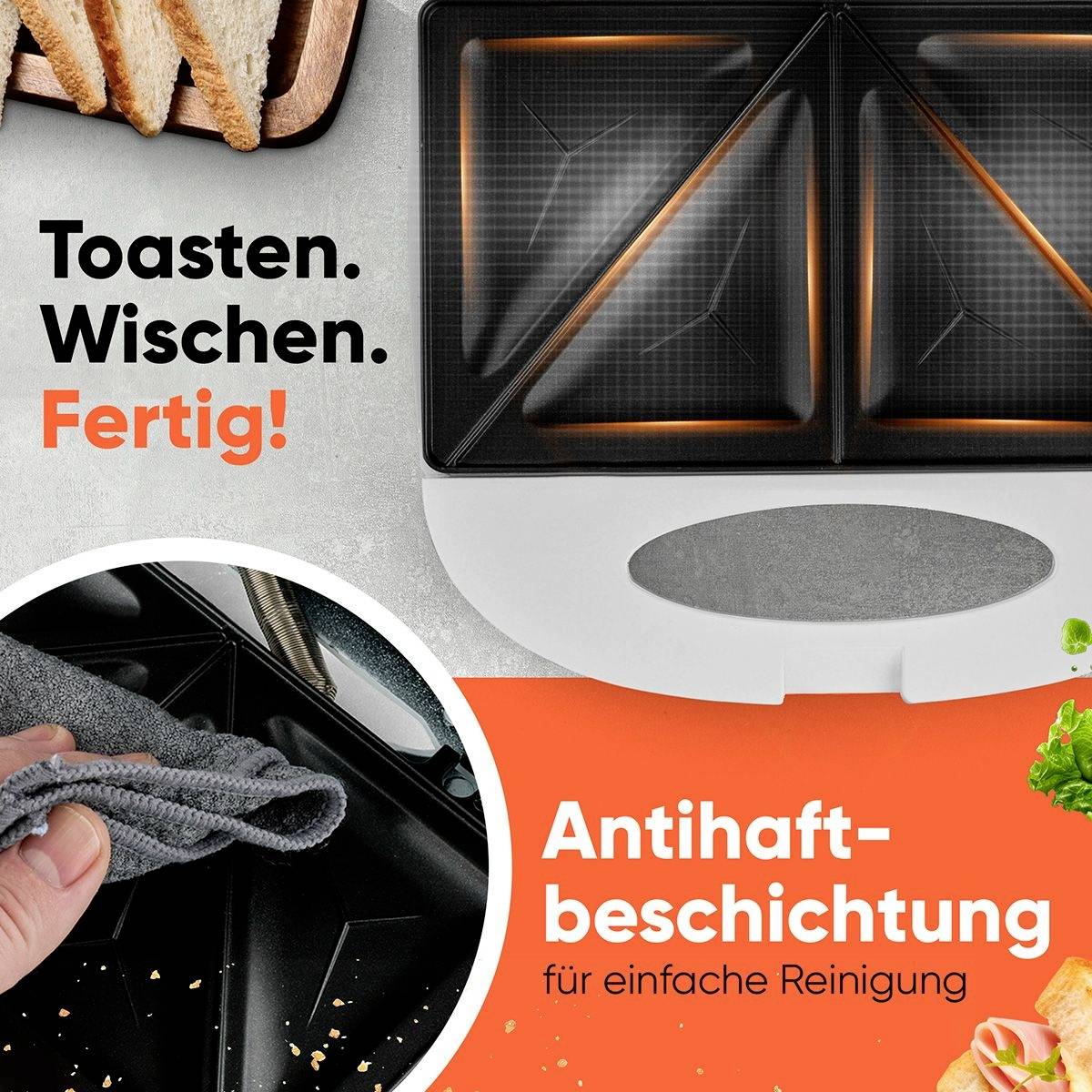 Toaster-Maschine mit abnehmbarer, antihaftbeschichteter Platte für leichte Reinigung. Mit Brot und Text 'Toasten. Wischen. Fertig!'