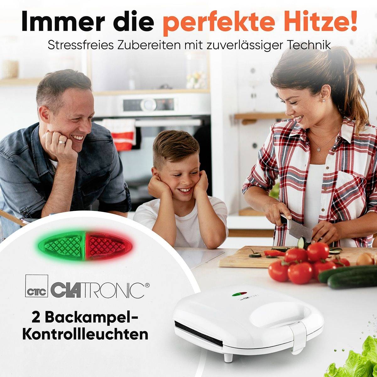 Familie in Küche lacht, während sie Kochgerät benutzt. Text oben: 'Immer die perfekte Hitze!' Werbung für ein Clatronic-Kochprodukt.