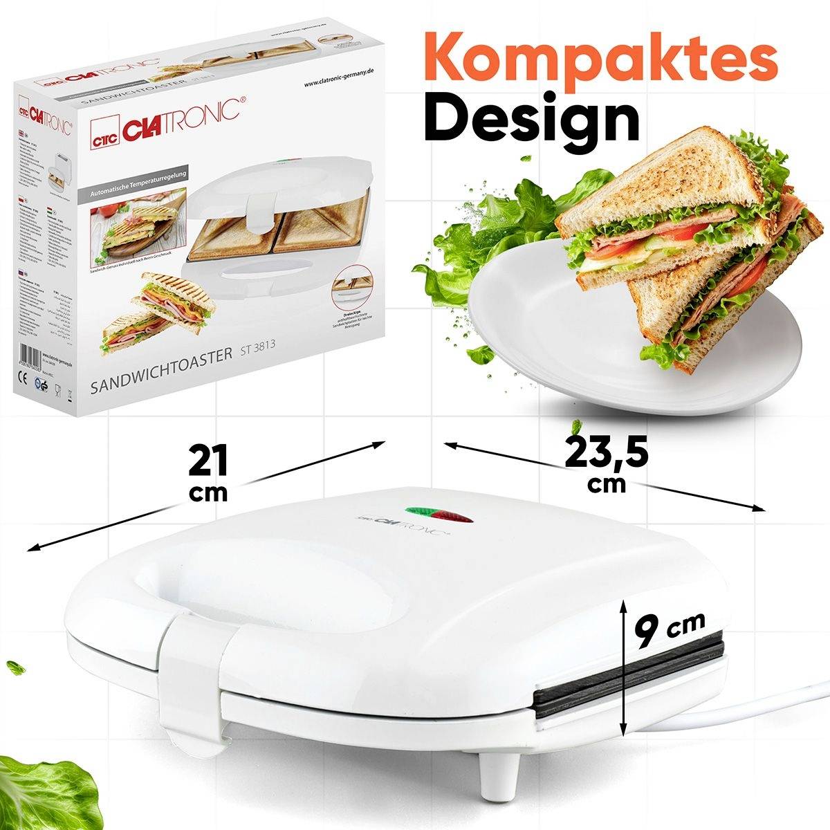 'Elektro-Sandwichtoaster mit Verpackung. Toast-Sandwich auf Teller. Maße des Toasters: 21 cm x 23,5 cm x 9 cm. Text: 