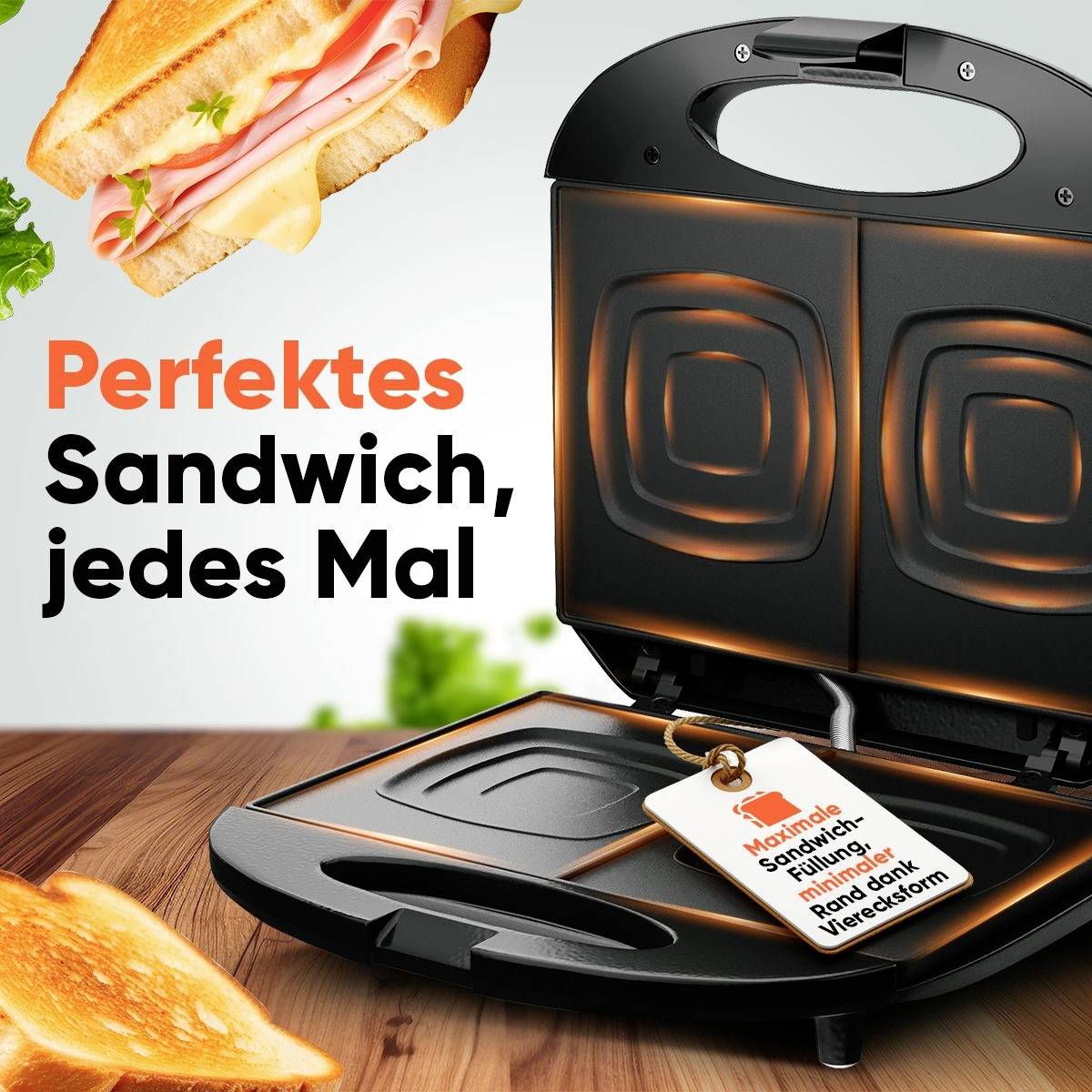 Ein Sandwichmaker toastet ein Sandwich. Text daneben: 'Perfektes Sandwich, jedes Mal'. Im Hintergrund: Brot und Aufschnitt.