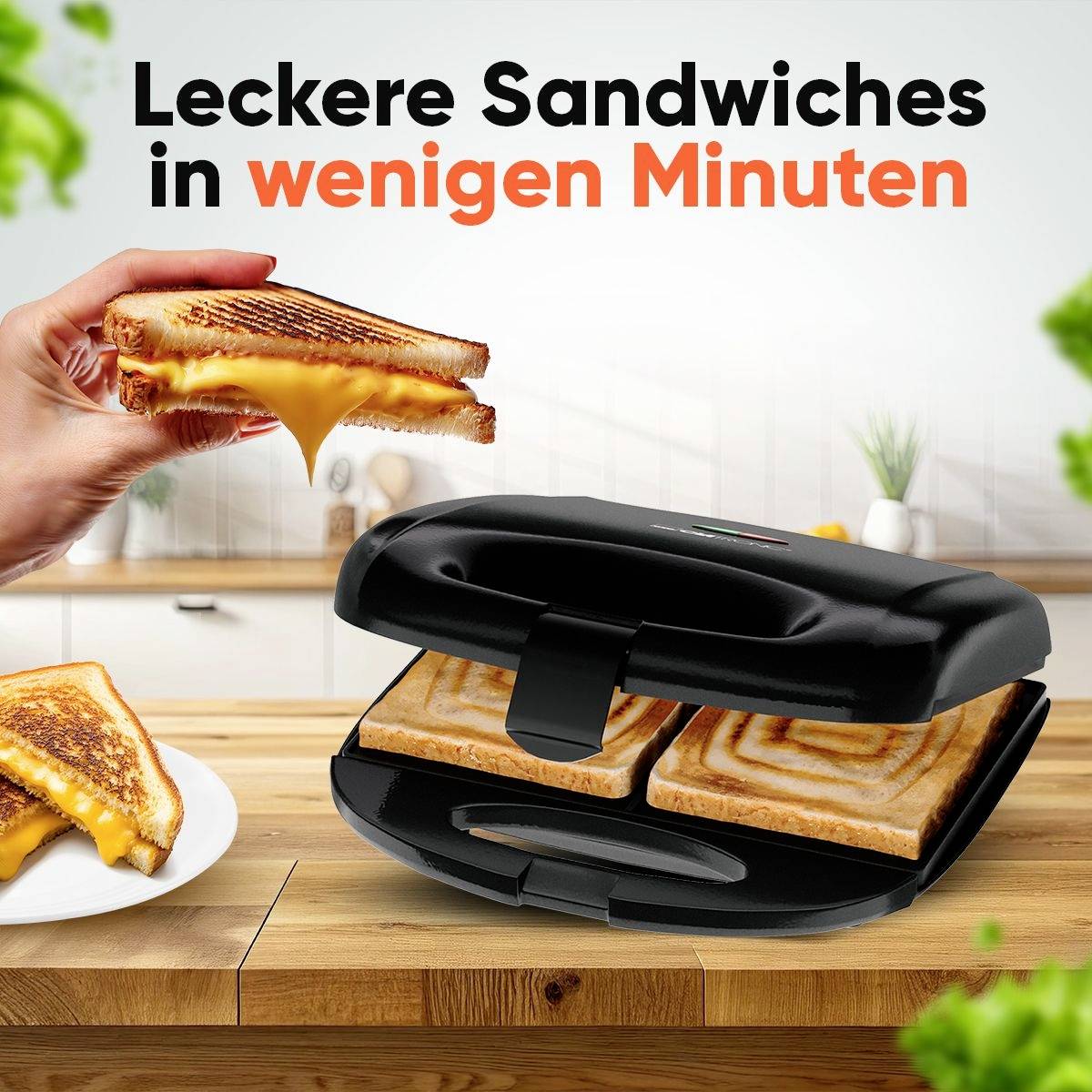 Ein Sandwichtoaster auf einem Küchentisch, der zwei gegrillte Käsesandwiches zubereitet. Text oben: 'Leckere Sandwiches in wenigen Minuten'.