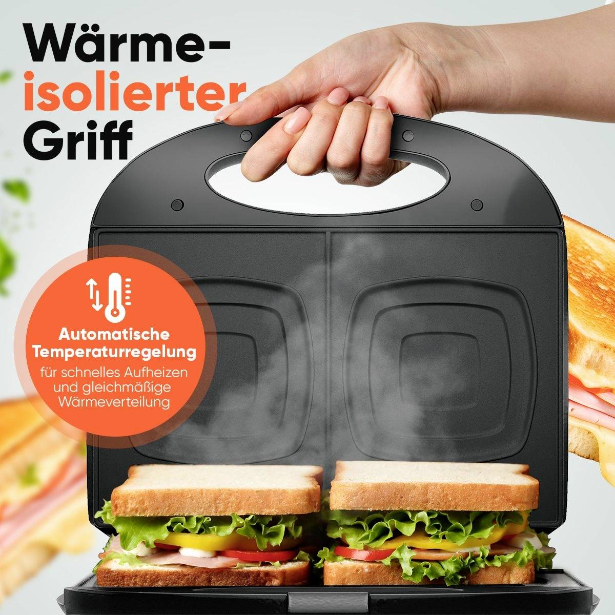 'Wärmeisolierter Griff' Sandwichtoaster mit automatisch geregelter Temperatur für gleichmäßige Wärmeverteilung. Zwei Sandwiches im Toaster.