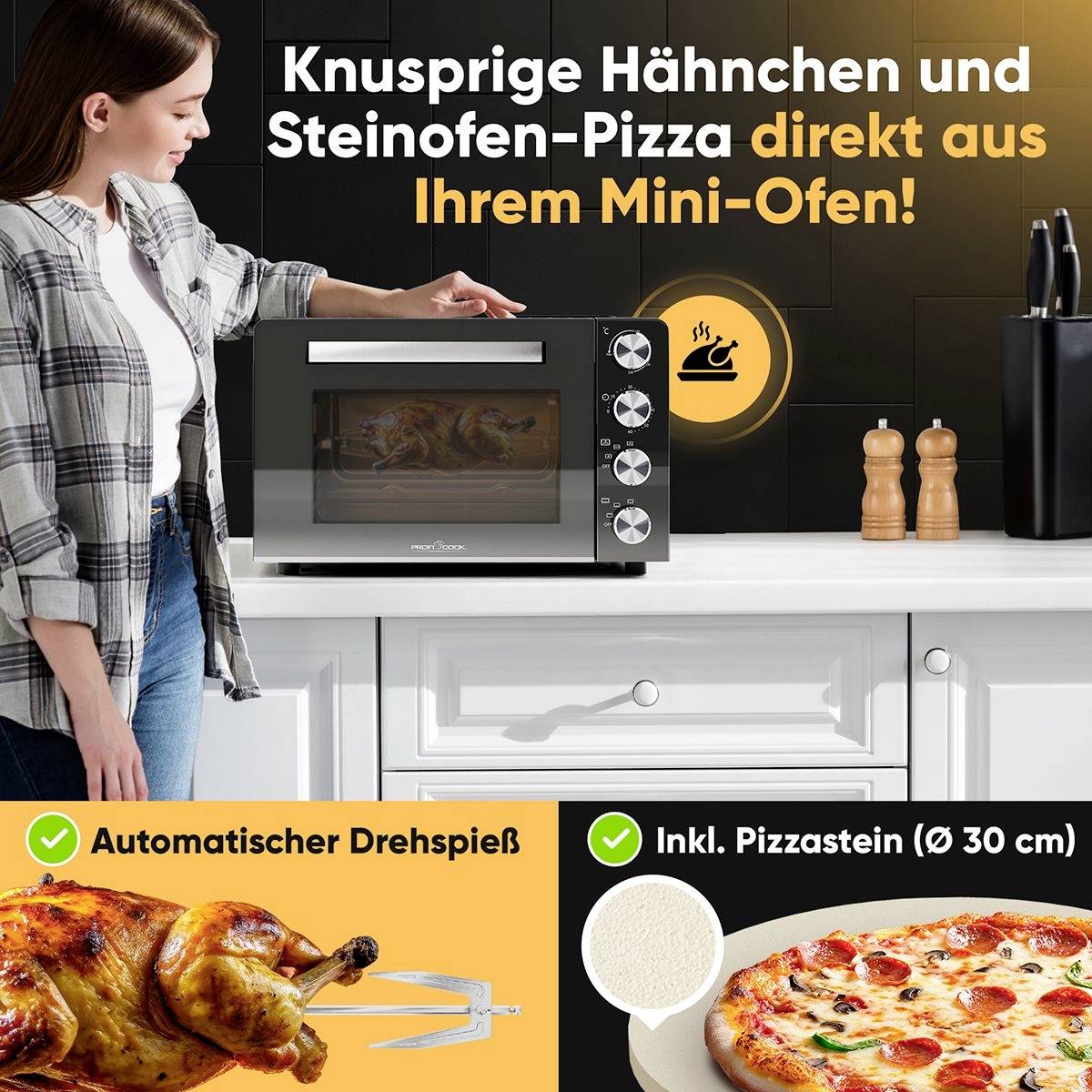 Eine Frau steht in einer Küche und schaut auf einen modernen Pizzabackofen. Text: 'Knusprige Hähnchen und Steinofen-Pizza aus Ihrem Mini-Ofen!'