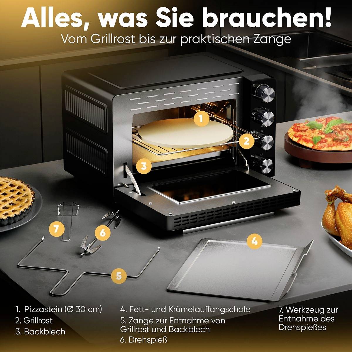 Küchenofen mit Pizzastein, Grillrost und Zubehör. Text oben: 'Alles, was Sie brauchen! Vom Grillrost bis zur praktischen Zange'.