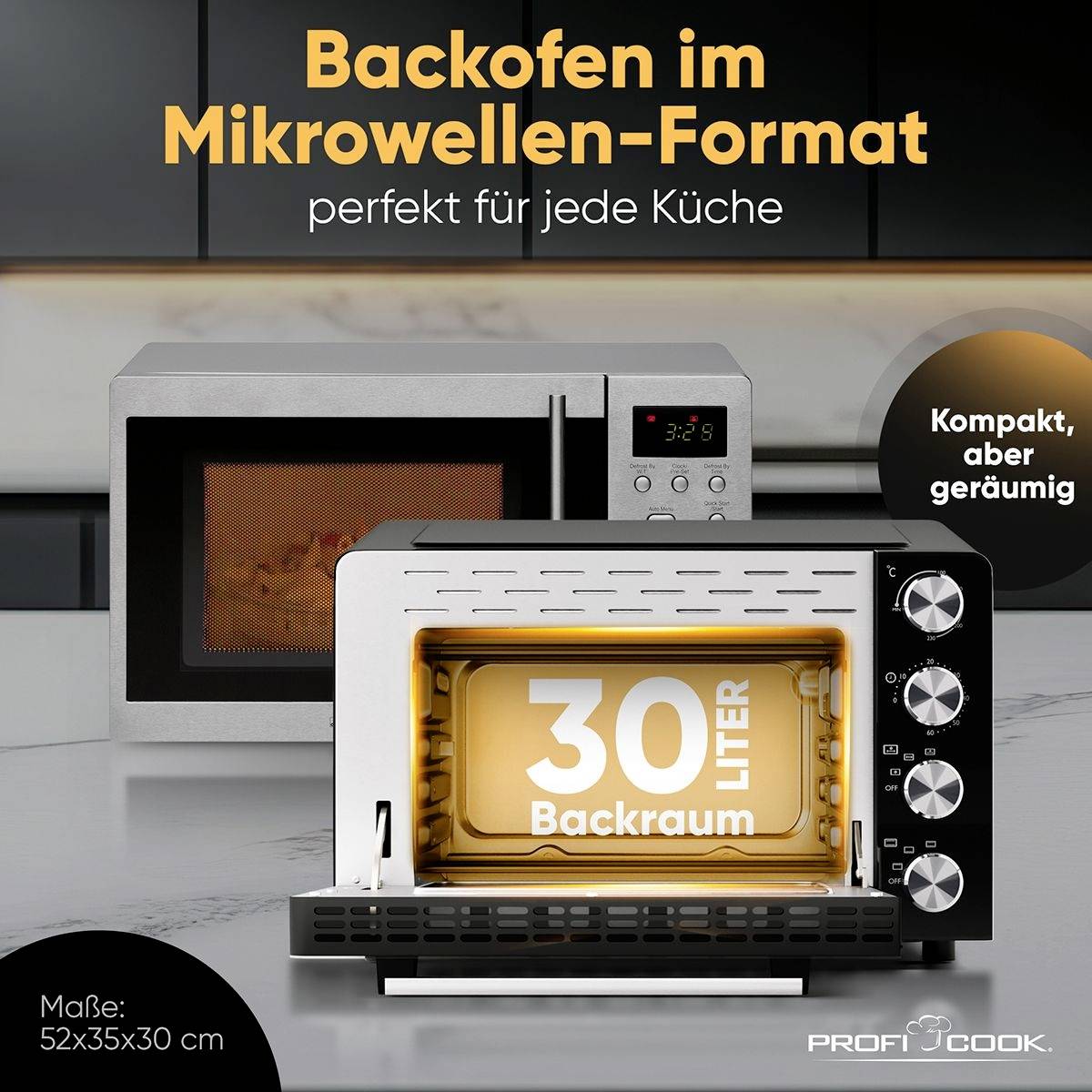 'Backofen im Mikrowellen-Format', 30-Liter-Backraum vor Küche mit Mikrowelle. Text: 'perfekt für jede Küche', 'Kompakt, aber geräumig'. Maße: 52x35x30 cm.