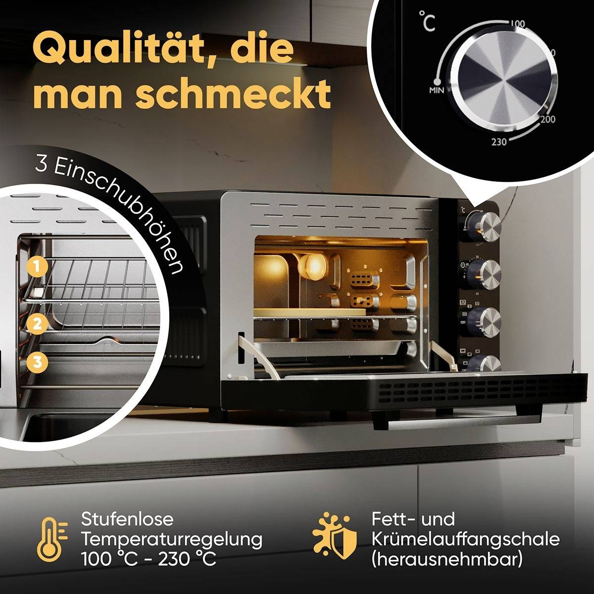 Ein Ofen mit geöffneter Tür zeigt stufenlose Temperaturregelung (100–230 °C) und entnehmbare Fett- und Krümelschale. Text: 'Qualität, die man schmeckt' und '3 Einschubhöhen'.