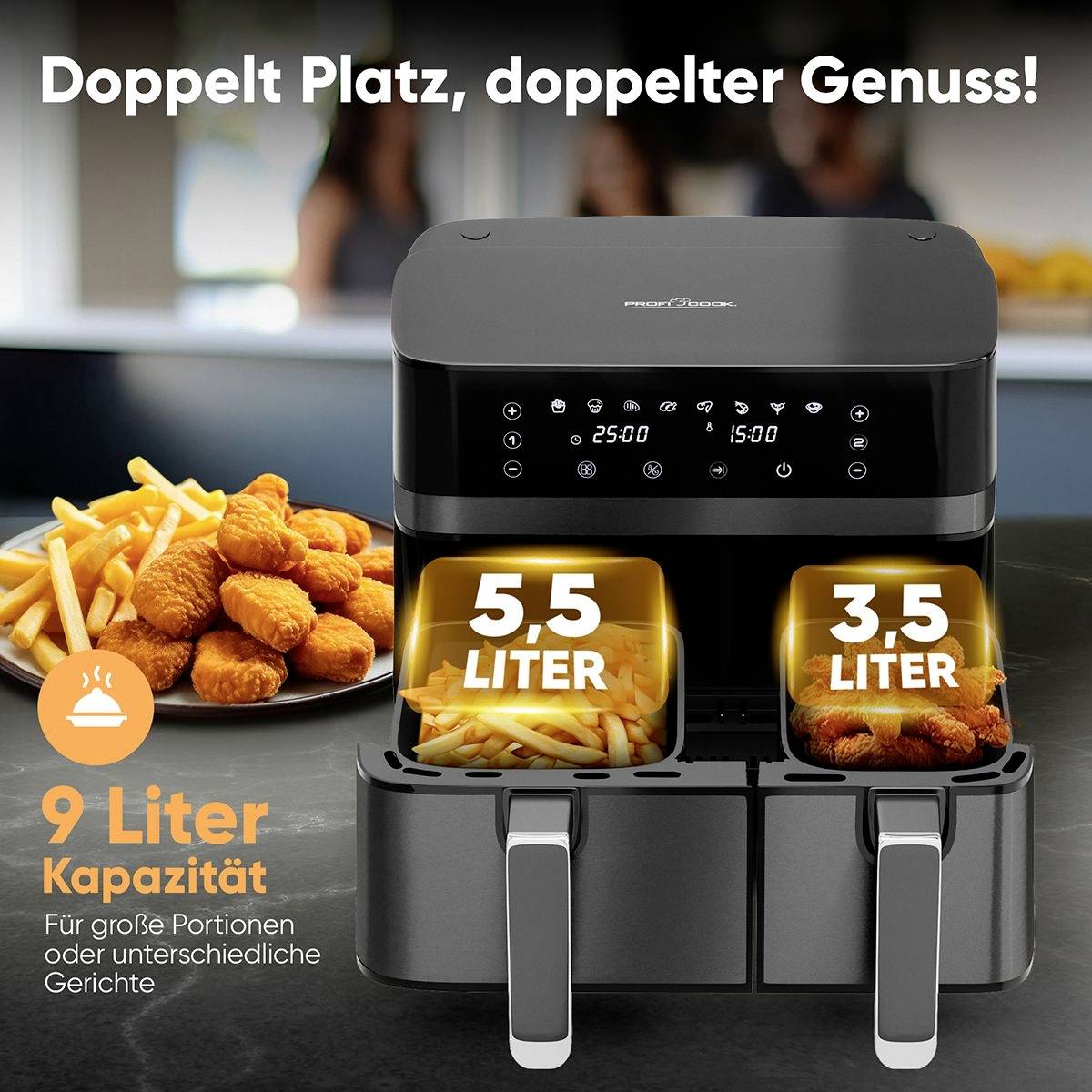 Profi Cook PC-FR 1295 H Heißluft-Fritteuse 9l 2700W 2 getrennte Temperaturregler Schwarz, Inox
