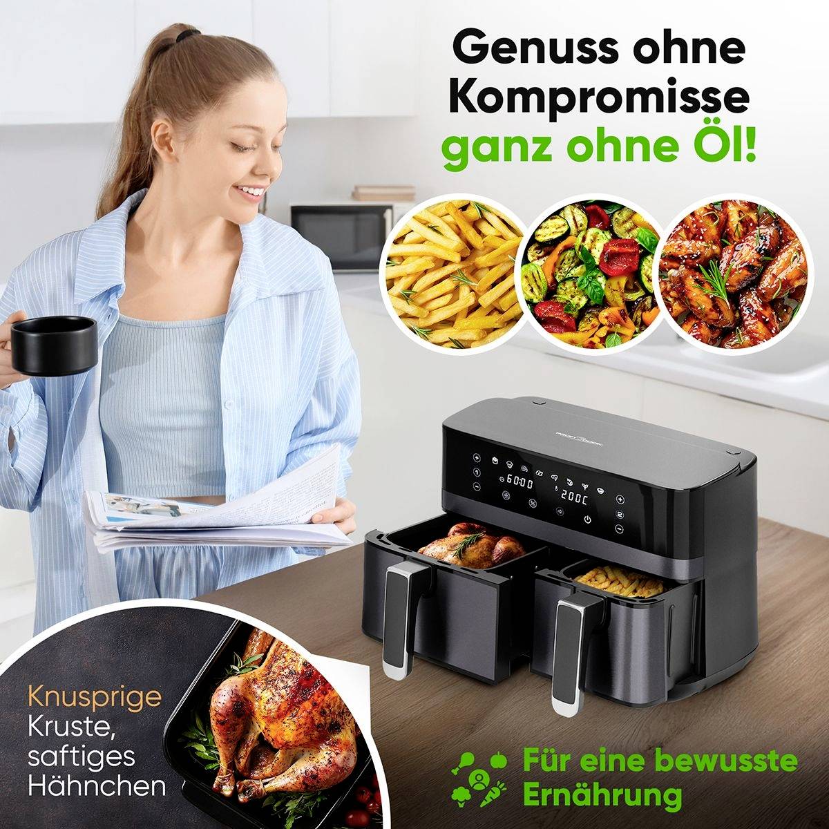 Profi Cook PC-FR 1295 H Heißluft-Fritteuse 9l 2700W 2 getrennte Temperaturregler Schwarz, Inox