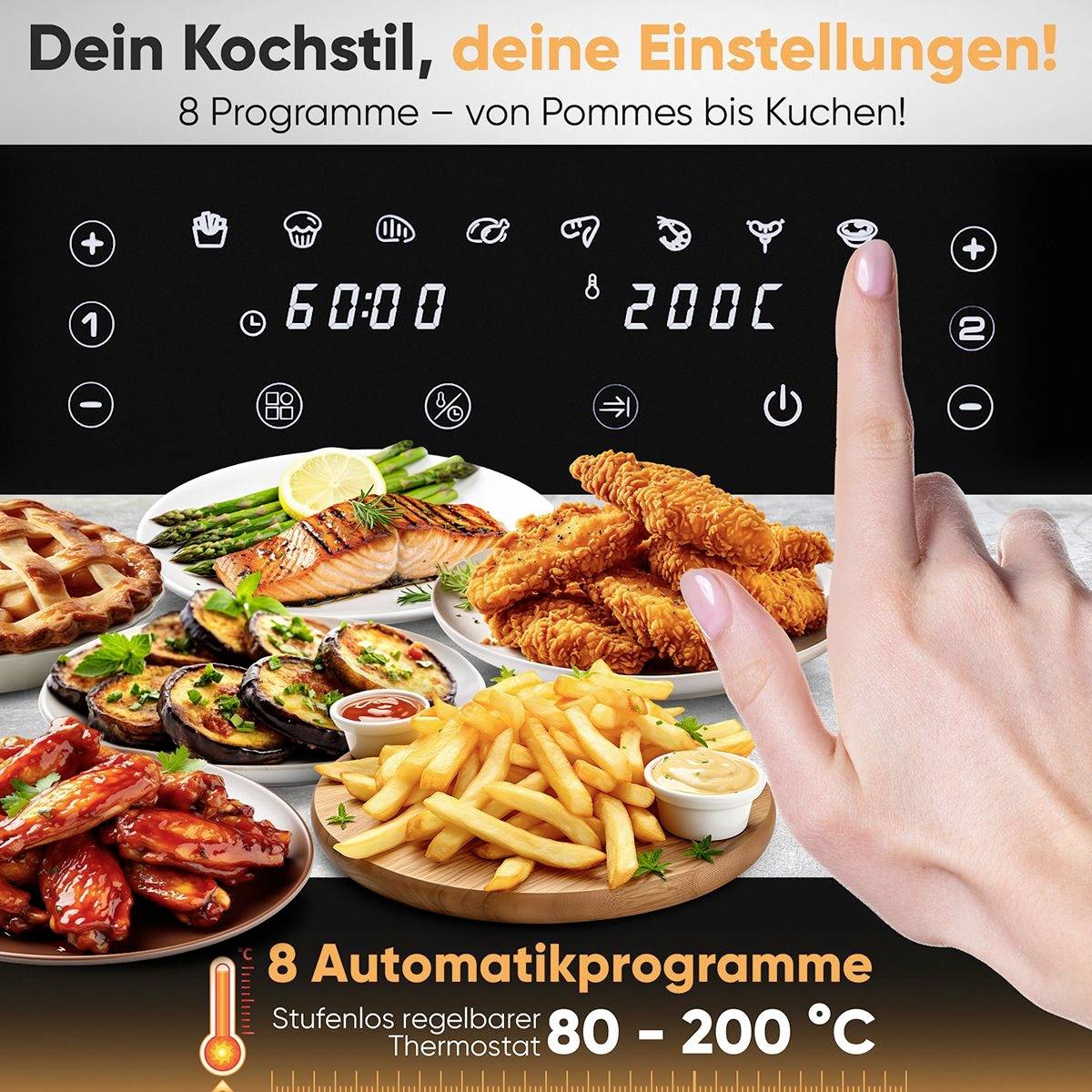 Profi Cook PC-FR 1295 H Heißluft-Fritteuse 9l 2700W 2 getrennte Temperaturregler Schwarz, Inox