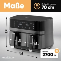 Profi Cook PC-FR 1295 H Heißluft-Fritteuse 9 l 2700 W 2 getrennte Temperaturregler Schwarz, Inox Profi Cook PC-FR 1295 H Heißluft-Fritteuse 9 l 2700 W 2 getrennte Temperaturregler Schwarz, Inox