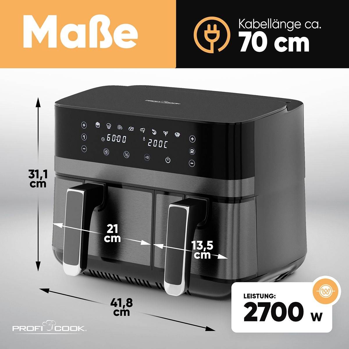 Profi Cook PC-FR 1295 H Heißluft-Fritteuse 9l 2700W 2 getrennte Temperaturregler Schwarz, Inox