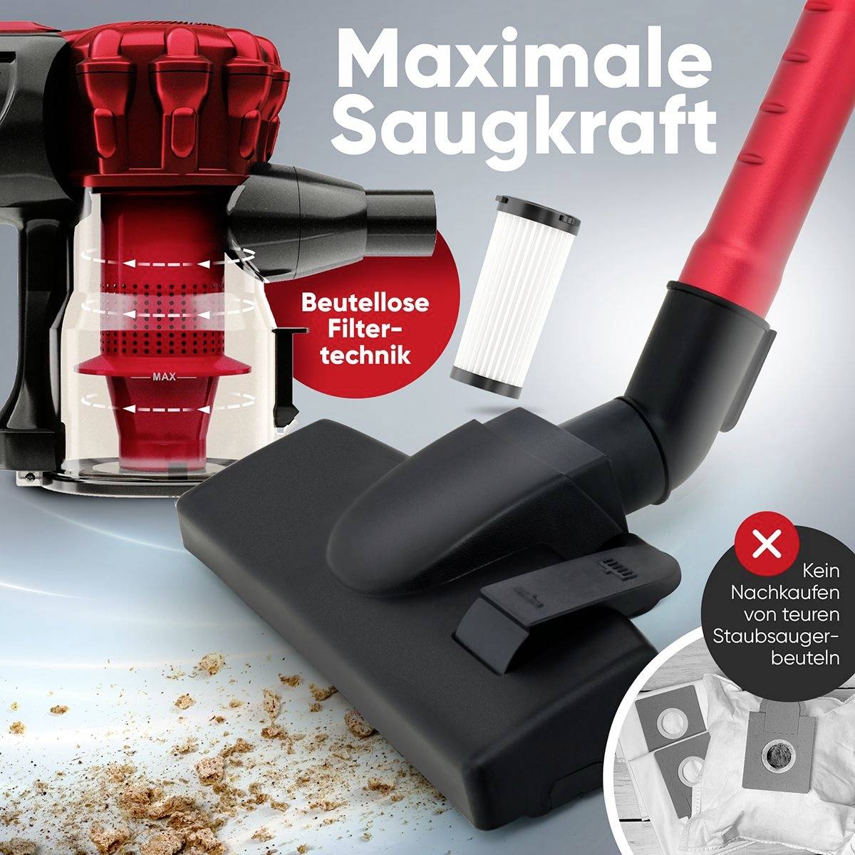 Staubsauger mit rotem Gehäuse, beutelloser Filtertechnik und Aufsatz. Text: 'Maximale Saugkraft' und Hinweis auf Kostenersparnis.