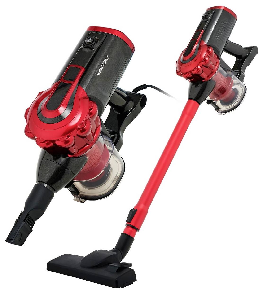 Zwei rot-schwarze Staubsauger, einer als Handstaubsauger und der andere mit Stielaufsatz. Energiekabel sichtbar.