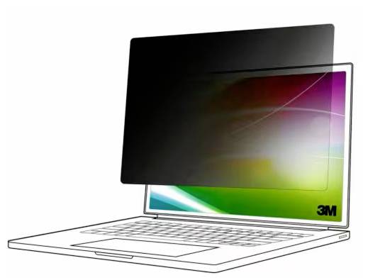 Laptop mit Displayschutz, der den Bildschirm schwarz erscheinen lässt, wenn von der Seite betrachtet; schützt vor unerwünschten Blicken.
