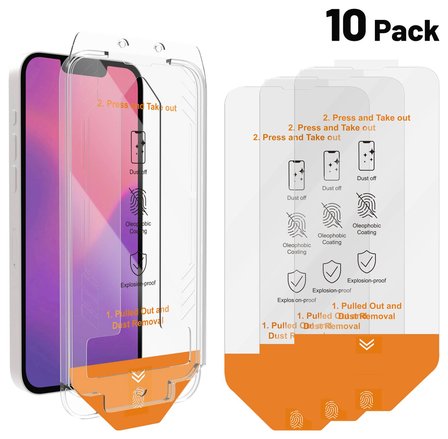 Displayschutzfolie für Smartphones in Packung mit 10 Stück. Zeigt Anweisungen zur Anbringung sowie Eigenschaften wie Anti-Staub und explosionsgeschützt.