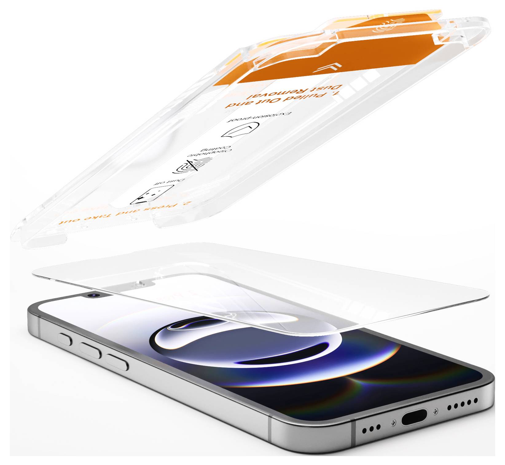 Eine transparente Schutzfolie schwebt über einem Smartphone. Die Folie soll auf das Gerät aufgebracht werden, um den Bildschirm zu schützen.