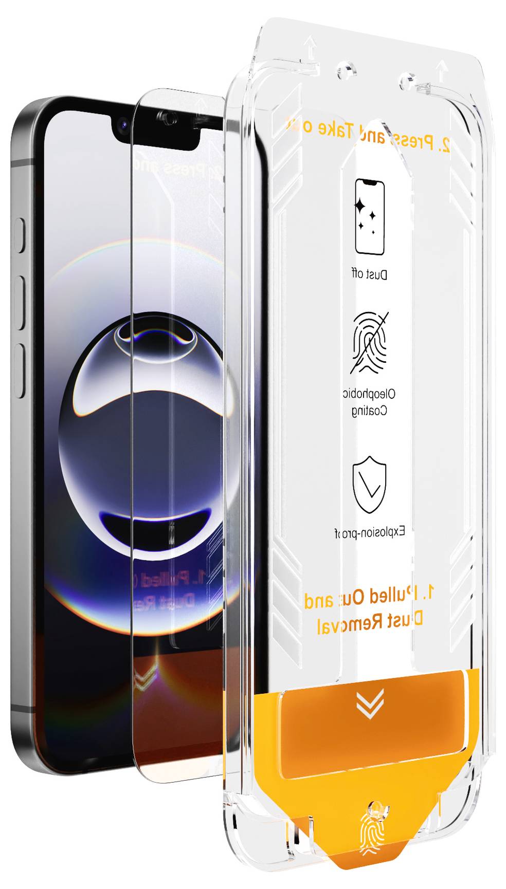 Transparente Smartphone-Schutzfolie mit Anleitung zur Installation. Das Set zeigt eine doppelseitige Schutzfolie mit Ausstanzungen.