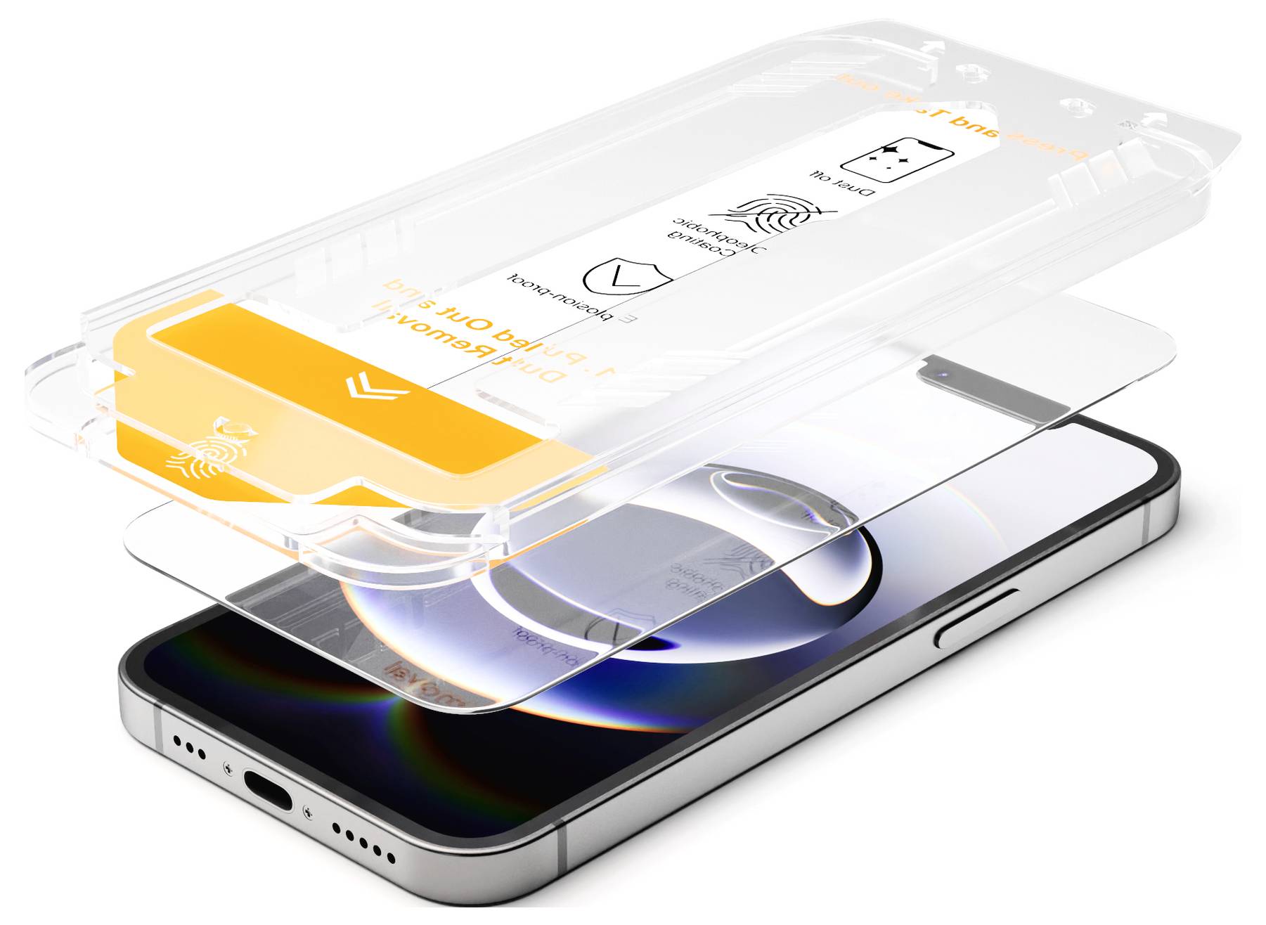 Ein Smartphone mit einer angebrachten Bildschirmschutzfolie. Die Folie liegt halb auf dem Display und zeigt Symbole für die Installation.