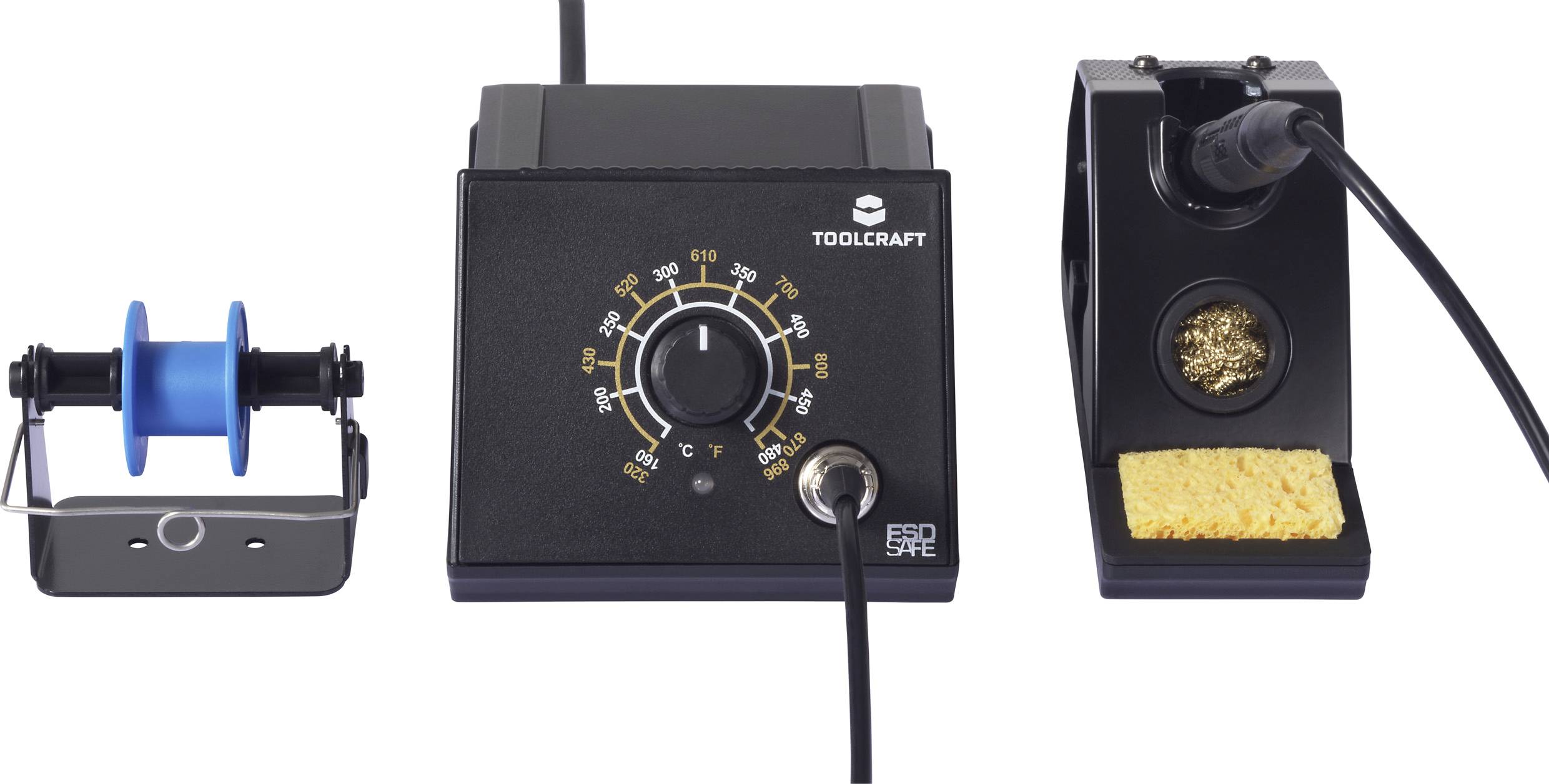Lötstation mit Temperaturregelungseinheit, Lötzufuhrbehälter links und Lötkolben mit Reinigungsschwamm rechts.