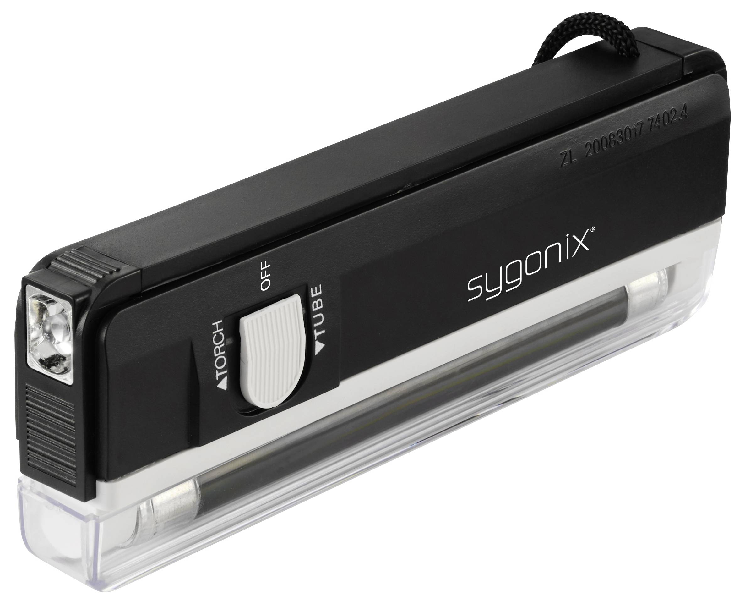 Eine schwarze und silberne Sygonix-Taschenlampe mit einem Schalter für die Optionen „Fackel