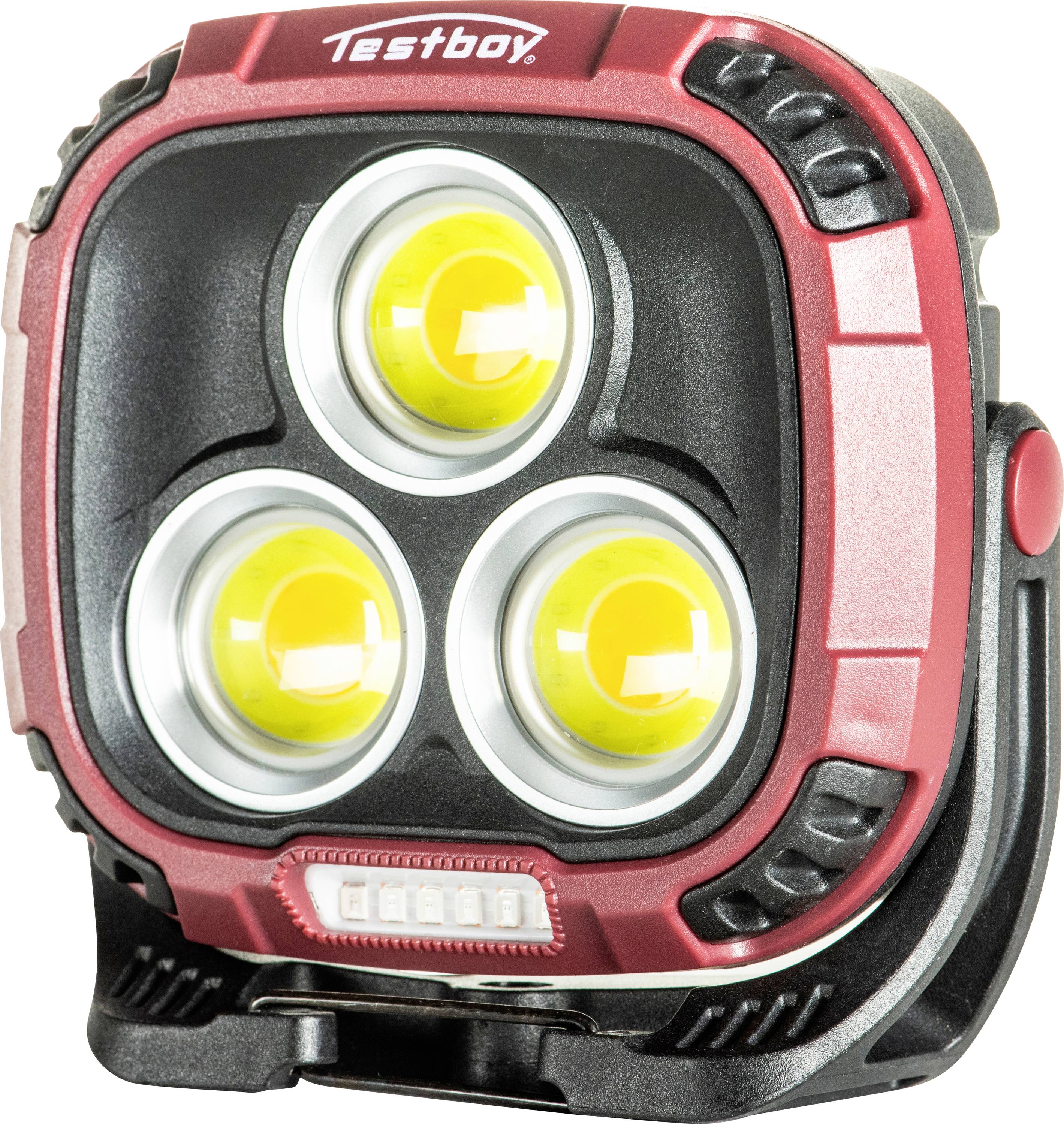 Tragbare, rot-schwarze LED-Lampe mit drei gelben Linsen, geeignet für Baustellen- oder Outdoor-Einsätze. Marke 'Testboy'.
