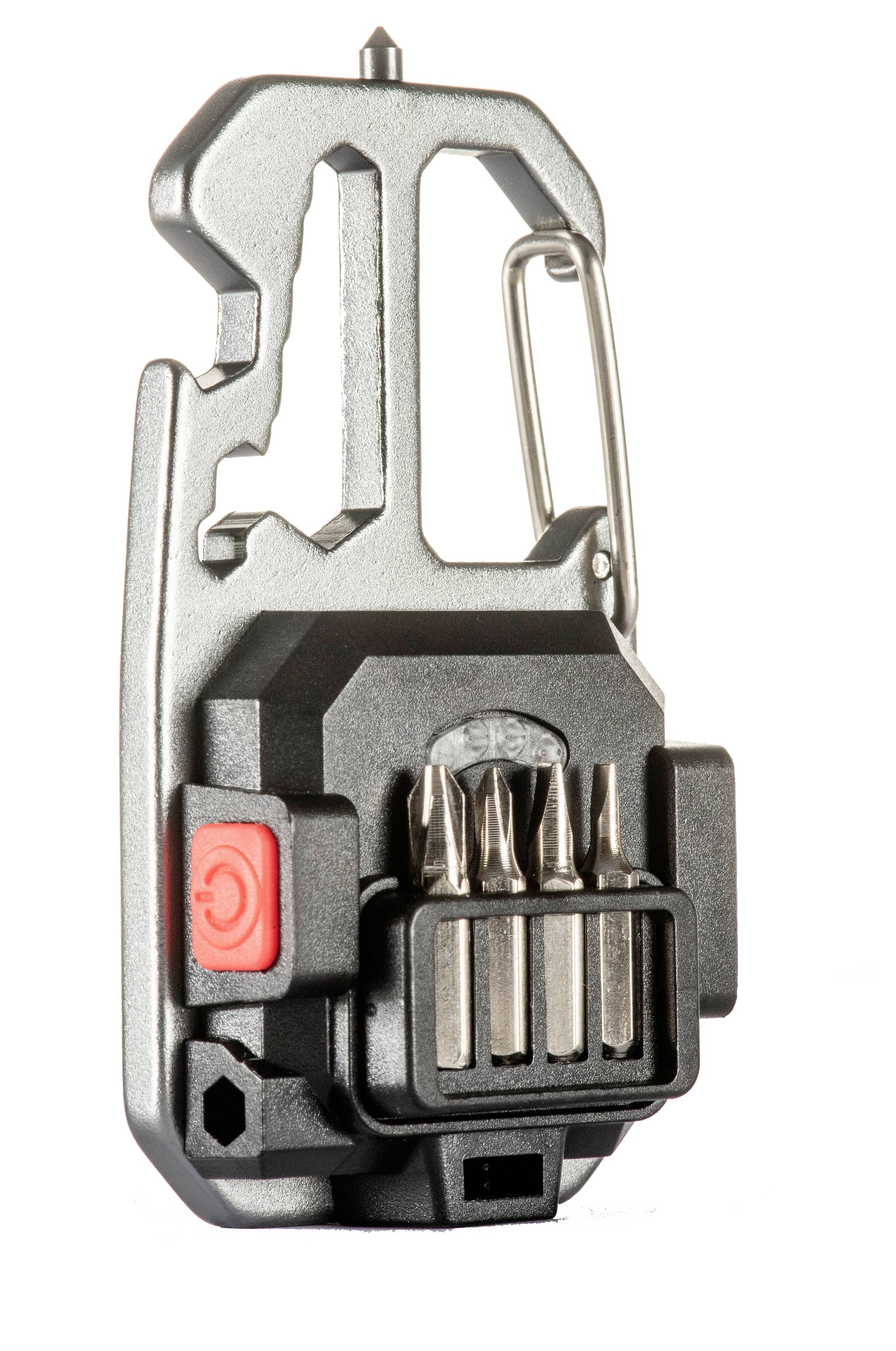 Metallischer Karabiner mit integriertem Mehrfachschraubendreher-Set, rotem Knopf und mehreren Bits für vielseitige Werkzeugnutzung.