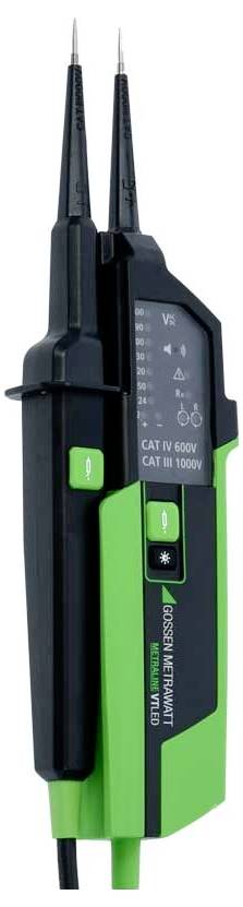 Digitaler Spannungsprüfer mit grüner und schwarzer Hülle, zwei Prüfspitzen und LED-Anzeige für Spannungsmessung bis 1000V.