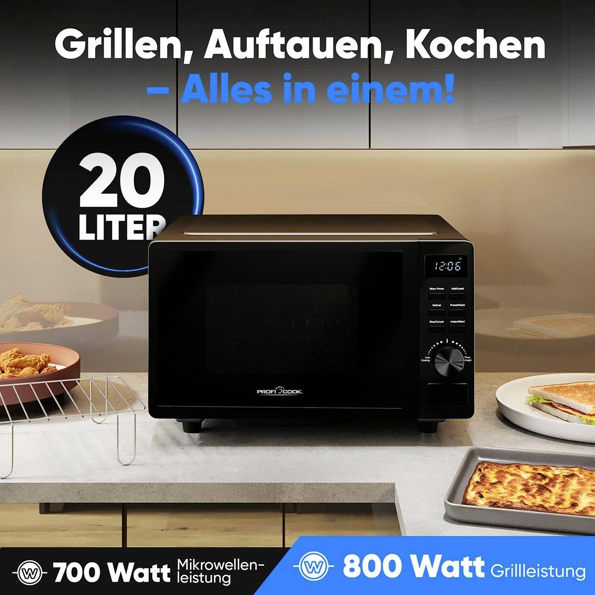 Schwarze Mikrowelle mit 20 Litern Fassungsvermögen, zeigt 700 Watt Mikrowellen- und 800 Watt Grillleistung. Text oben: 'Grillen, Auftauen, Kochen – Alles in einem!'