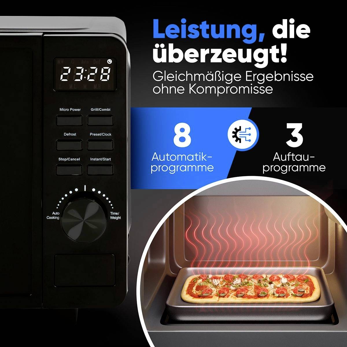 Schwarze Mikrowelle mit digitalem Display bei 23:28, dreht Knopf. Text: 'Leistung, die überzeugt. Gleichmäßige Ergebnisse ohne Kompromisse.' Enum 8 Automatikprogramme, 3 Auftauprogramme.