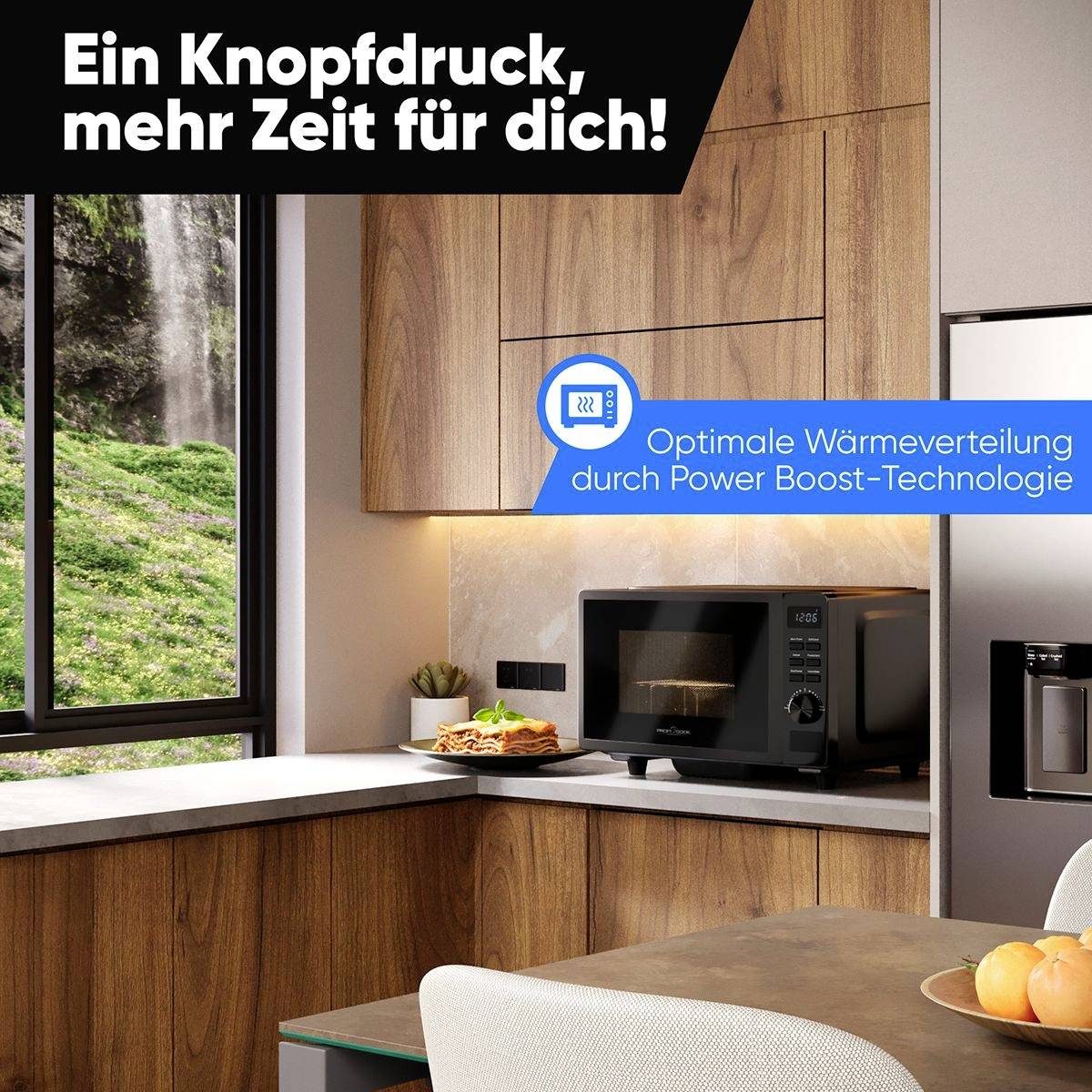 Eine moderne Küche mit Mikrowelle. Text: Ein Knopfdruck, mehr Zeit für dich! Optimale Wärmeverteilung durch Power Boost-Technologie.