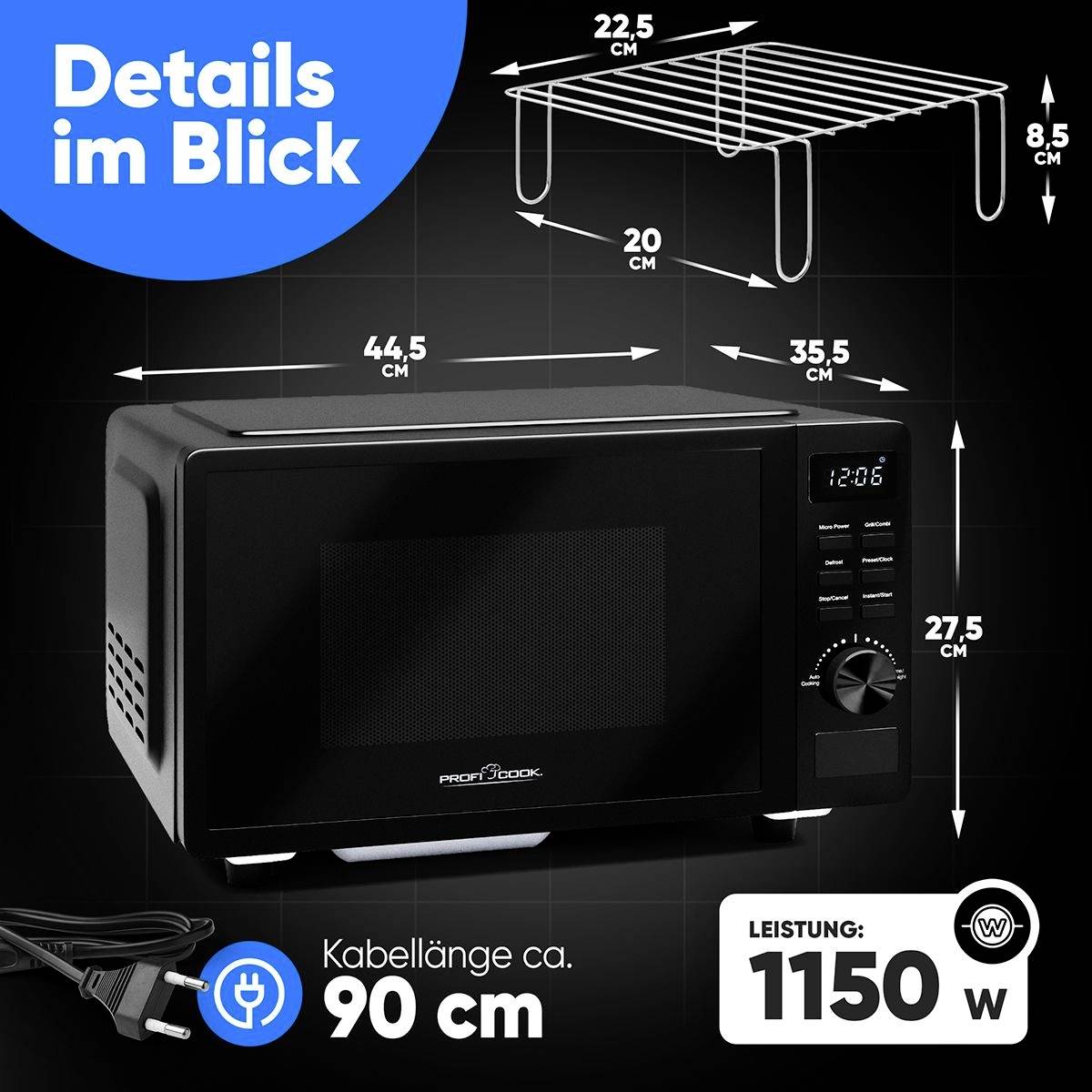 Schwarze Mikrowelle mit digitalen Tasten und Anzeige. Maße: B: 44,5 cm, T: 35,5 cm, H: 27,5 cm. Leistung: 1150 W. Kabellänge: 90 cm.