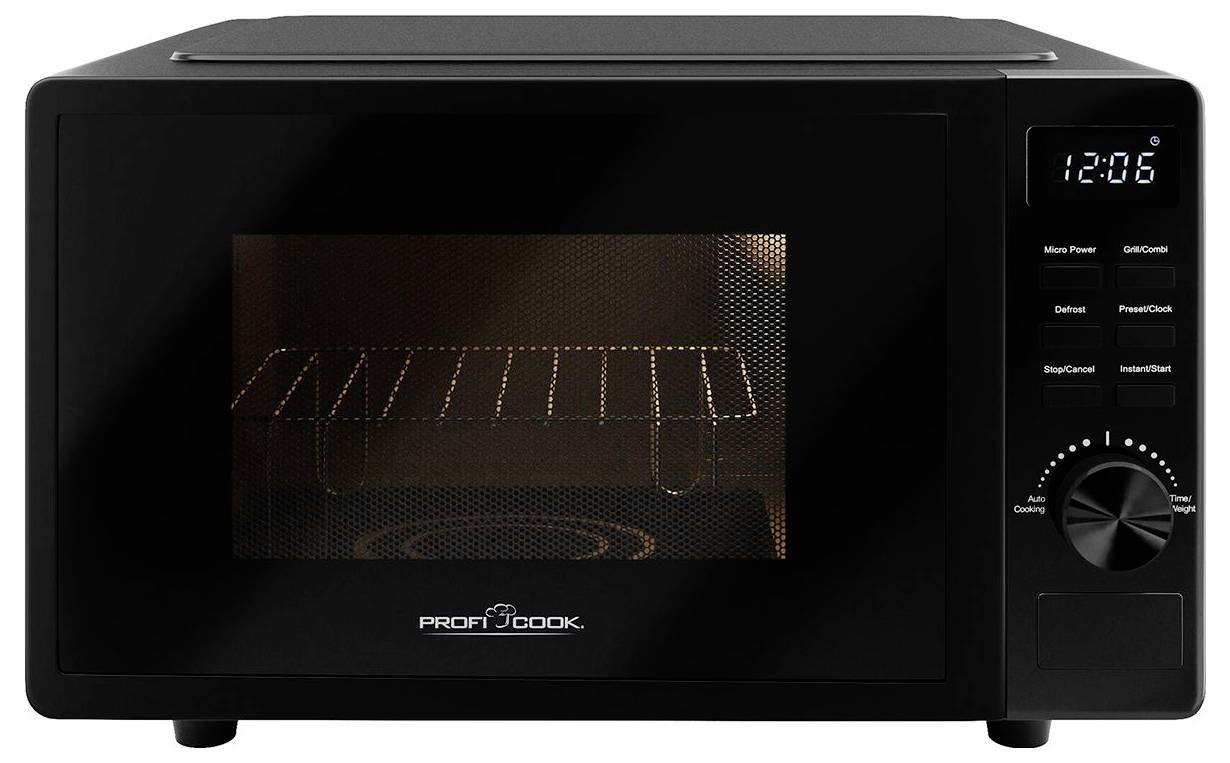 Schwarze Mikrowelle mit digitaler Anzeige, zeigt '12:06'. Bedienknöpfe an der rechten Seite, innen ein Rost. Modell von Profi Cook.