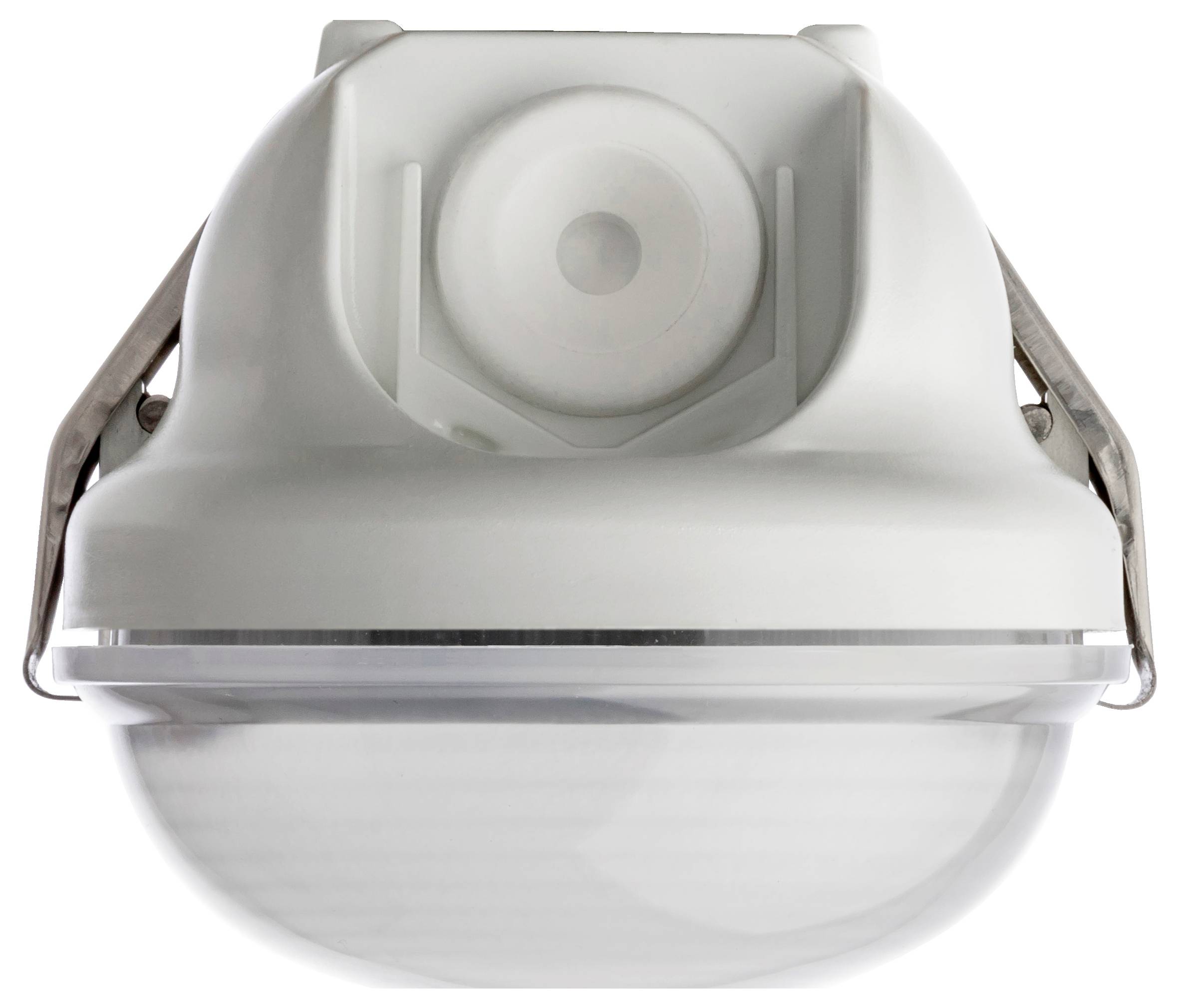 Ein weißer, deckenmontierbarer Bewegungssensor mit einer gewölbten, lichtdurchlässigen Abdeckung, der für die Verwendung in Innenräumen konzipiert ist.