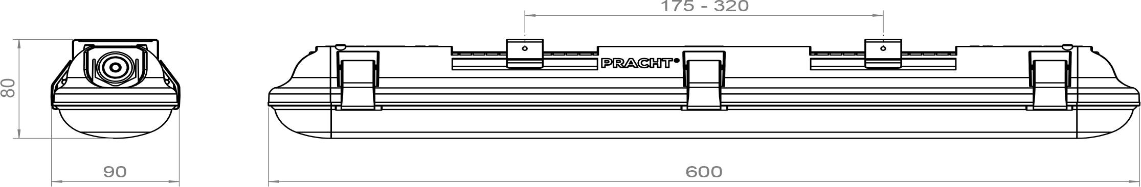Diagramm einer Leuchte mit Seiten- und Draufsicht und folgenden Abmessungen: Länge 600 mm, Breite 90 mm und Höhe 85 mm.