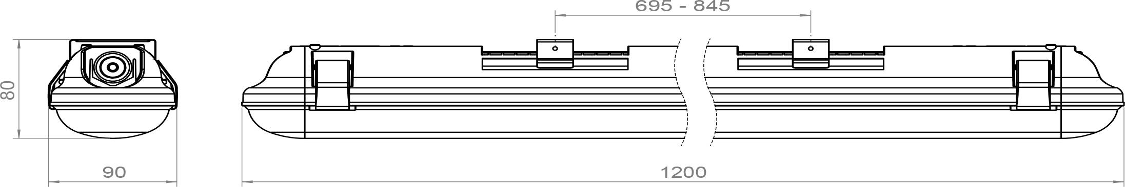 Technische Zeichnung einer Leuchte mit Abmessungen: Länge 1200 mm und Breite 90 mm. Seiten- und Draufsicht mit Montagehalterungen.