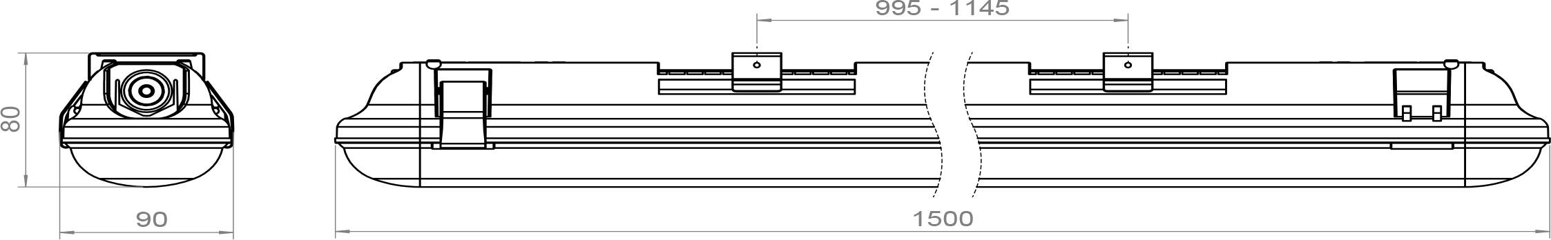 Technische Zeichnung einer industriellen Leuchte mit Maßangaben: Länge 1500 mm, Breite 90 mm und verstellbare Halterungen zwischen 985 bis 1145 mm.
