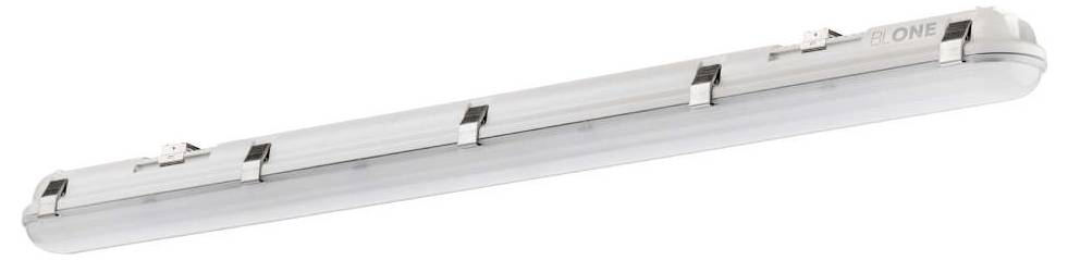 Eine lange, schlanke LED-Leuchte mit einem robusten Gehäuse und mehreren Clips an der Seite, geeignet für industrielle oder gewerbliche Anwendungen.