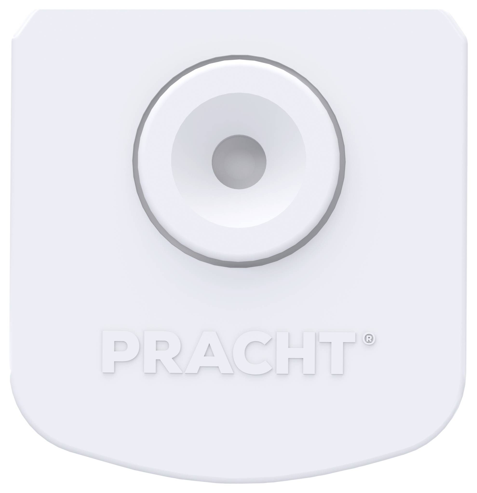 Ein weißes kreisförmiges LED-Modul mit einer zentralen Lichtquelle, am unteren Rand mit 'PRACHT' beschriftet, das für moderne Beleuchtungslösungen verwendet wird.