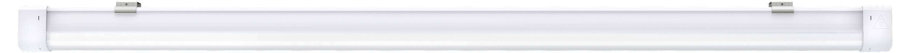 Eine lange, weiße LED-Deckenleuchte mit metallischen Befestigungsklammern.