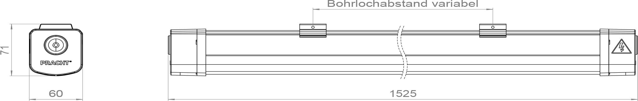Technische Zeichnung einer rechteckigen LED-Leuchte, mit der Bezeichnung 'Polarit', mit angegebenen Abmessungen: Breite 1525 mm, Endkappe 80 mm.