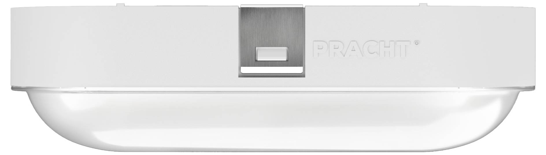 Eine weiße rechteckige LED-Deckenleuchte mit einer satinierten Abdeckung und einem metallischen Clip in der Mitte, mit dem Markennamen 'Pracht' an der Seite.