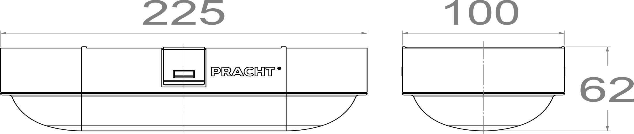 Technische Zeichnung Lichtarmatur 'PRACHT' mit Abmessungen: 225 mm Breite, 100 mm Tiefe, 62 mm Höhe.